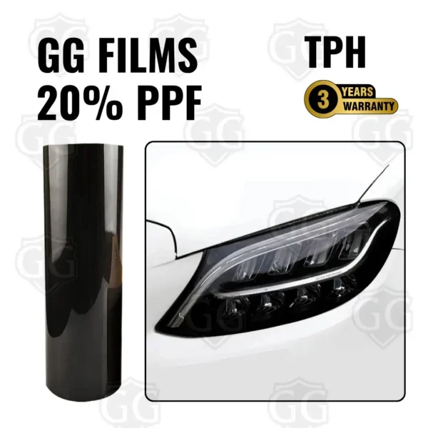 GG Films 20% TPH PPF е защитно фолио, създадено за фарове, стопове, дневни светлини и мигачи. Дебелина 190 микрона - защита срещу надрасквания, удари и химически влияния.